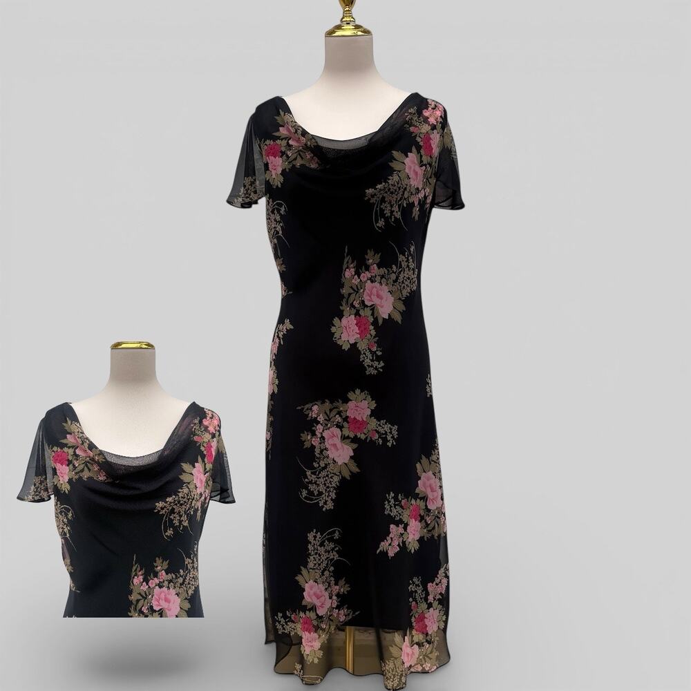 VTG Y2K Chiffon Floral Sheath Dress 12 Black Cowl Neck Flutter Sleeve Whimsigoth